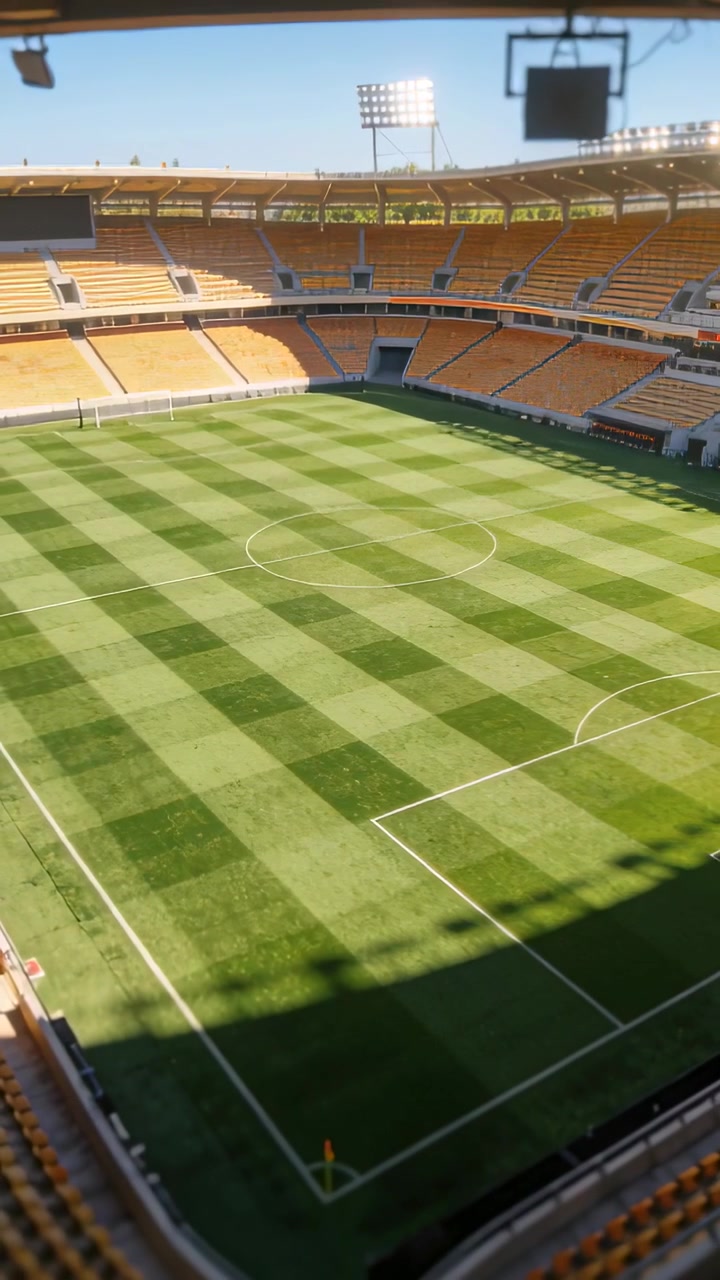 Video verticale: Inclinazione della telecamera che rivela un campo vuoto nello stadio per mostrare la bandierina d'angolo e un monitor.