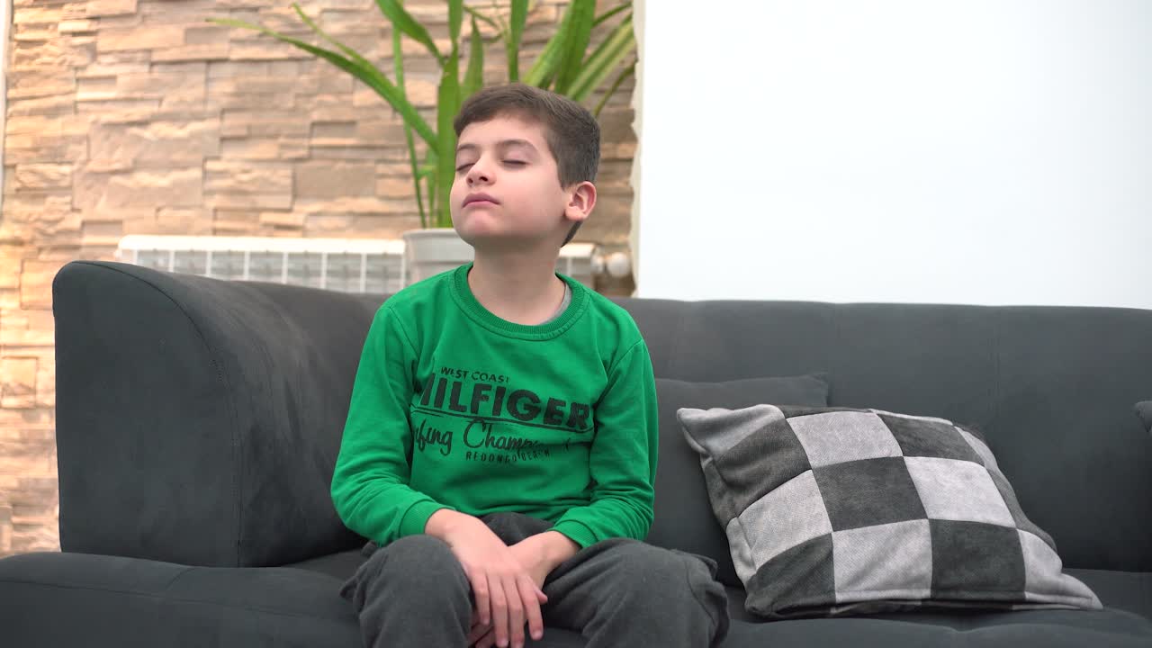 텔레비전 앞에서 피곤한 아이가 소파에서 잠들어 있습니다.