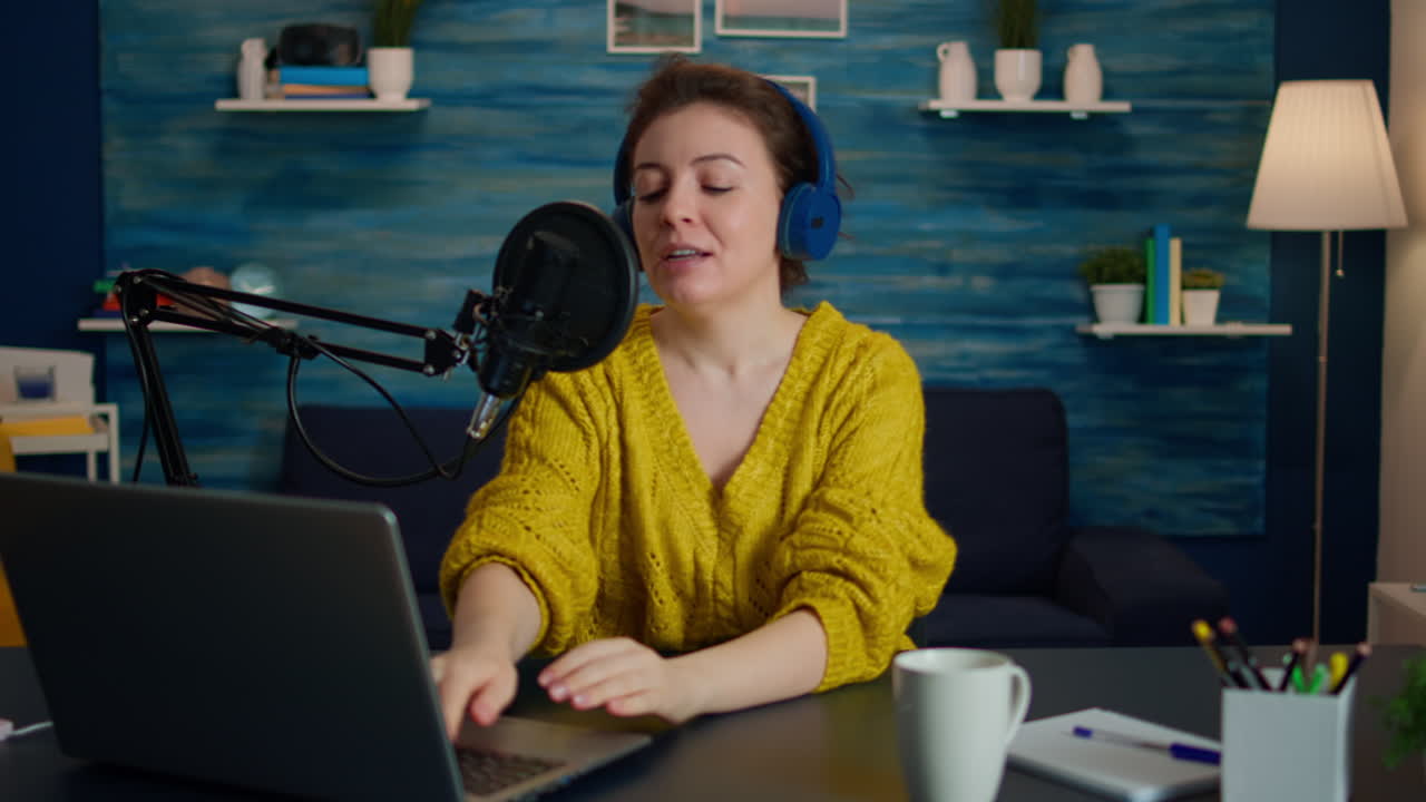 Influencer wearing headphones recording new podcast series