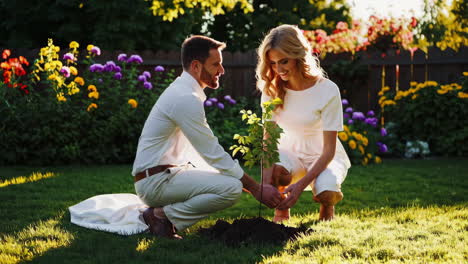 couple planting a tree in a garden