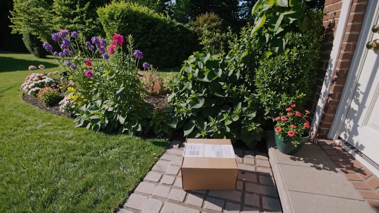 A wide-angle video shot captures a package on a doorstep surrounded by lush garden plants