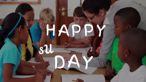 Animation-of-happy-substitute-day-text-over-diverse-schoolchildren-and-teacher-in-classroom