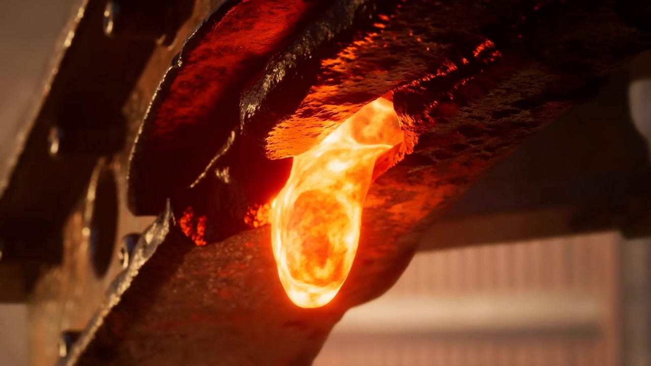 Una gota brillante se forma, alargándose y vertiéndose por el calor en un taller bajo una brida oxidada, con escoria oscura.
