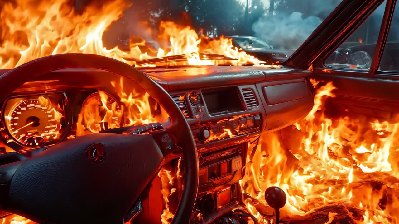 un coche está envuelto en llamas en el medio de un bosque