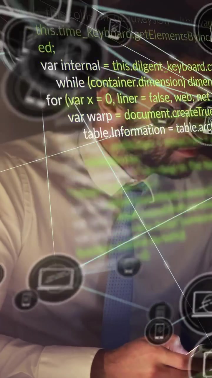 Vertical video: Man bringing phone into view while camera showing body, code analyzing network data