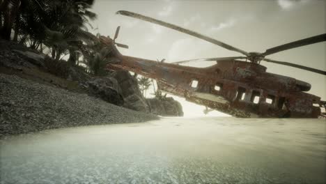 old rusted military helicopter near the island