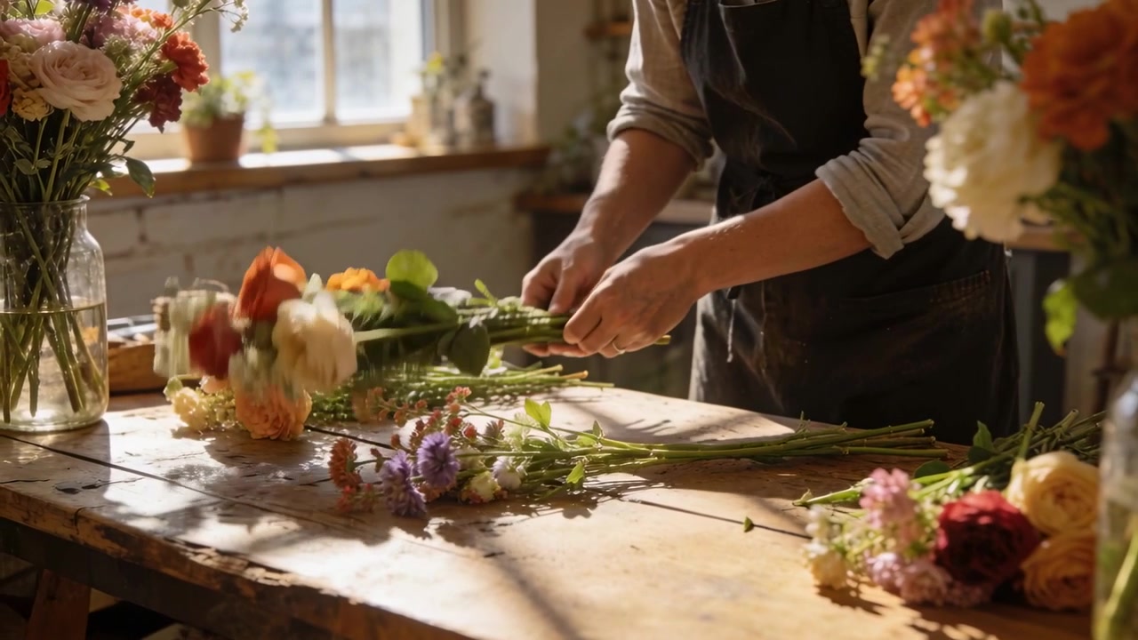 La fiorista con un grembiule scuro prende le forbici, taglia gli steli e forma un bouquet al banco da lavoro vicino alla finestra.