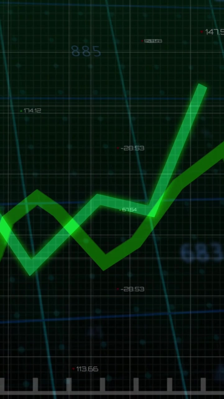 Vertikal video: Flydende tal starter fed grøn linje, tegner takkede tendenser på analyse-HUD