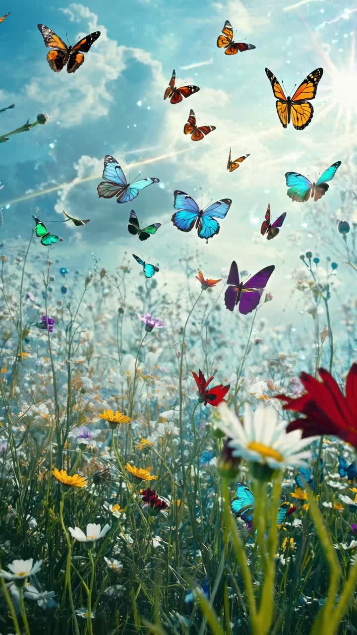 Low-angle video shot of vibrant butterflies soaring above a colorful wildflower meadow