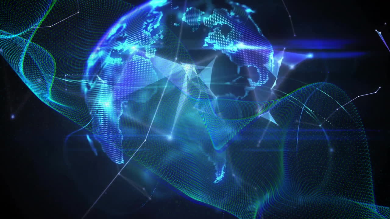 Digital world map and network connections animation over dark background