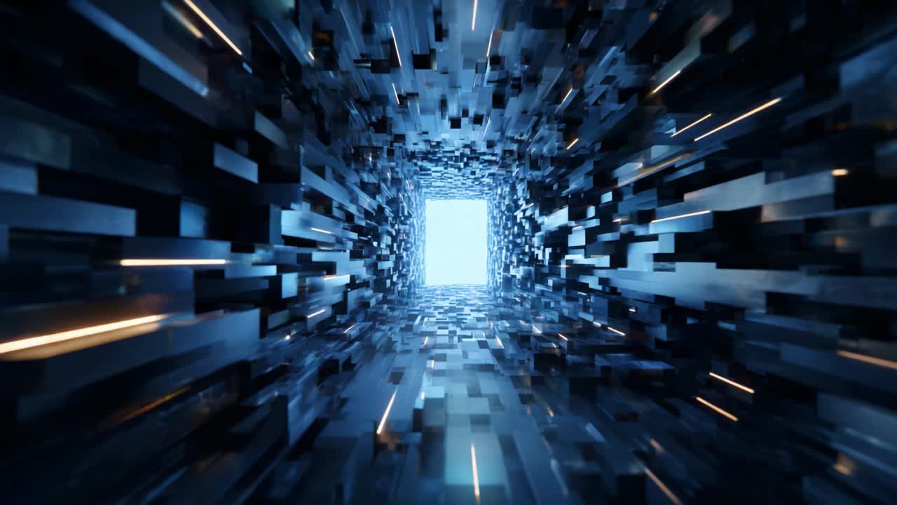 A Captivating Visual Journey Through a Futuristic Tunnel of Light and Structure, Featuring Dynamic Motion and Abstract Geometric Elements in a Digital Realm