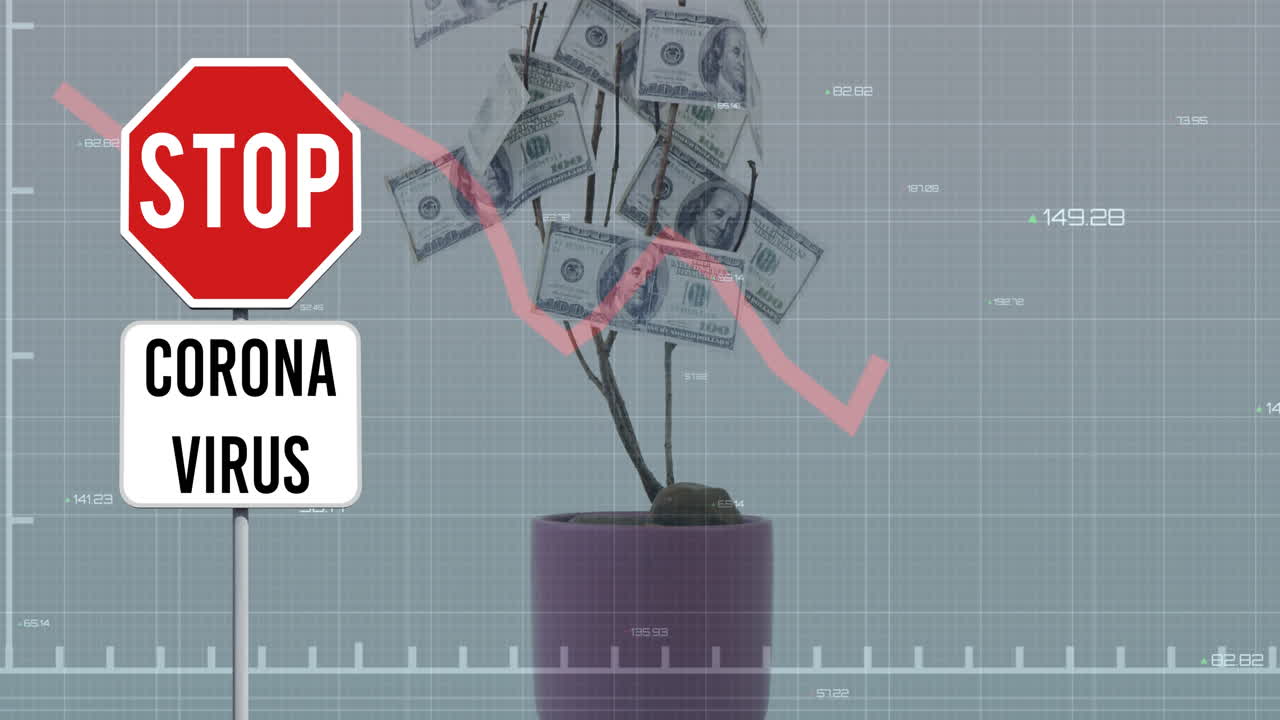 ⁇ 은 선이 내려오는 애니메이션, 코로나 바이러스 신호와 미국 달러 지폐