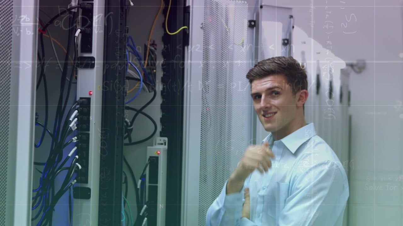 Animation of data processing over caucasian male it technician and computer servers