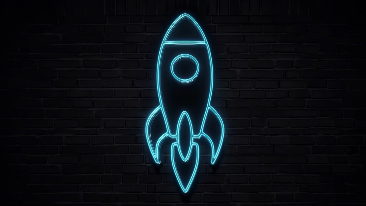 Razzo stilizzato delineato da un tubo al neon ciano continuo, montato al centro su una parete di mattoni scuri opachi, con finestra circolare, punta affusolata e tre alette curve ben visibili