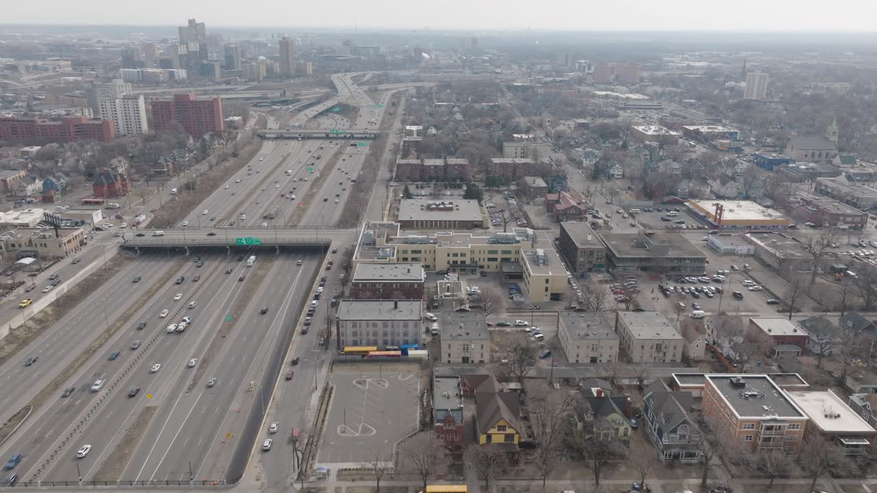 Aerial shot of residential area beside busy freeway 94 in Minneapolis.