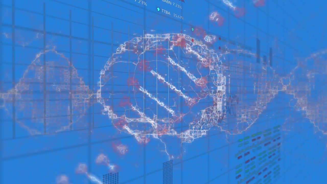 파란색 배경에서 dna 스트랜드와 디지털 뇌에 대한 데이터 처리의 애니메이션.
