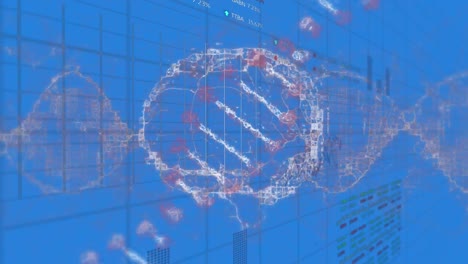 animation of data processing over dna strand and digital brain on blue background