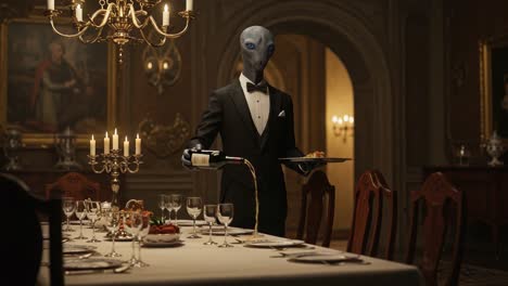 an alien sommelier elegantly depicts extraterrestrial hospitality during a formal dinner setting, highlighting unusual culinary experience in an opulent surrounding
