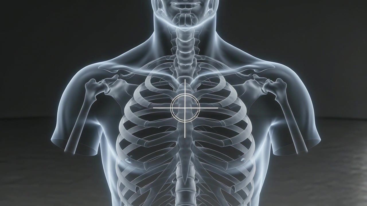 Mostrando un torso maschile traslucido in uno studio buio, con un reticolo che appare e linee guida che si spostano sullo sterno.