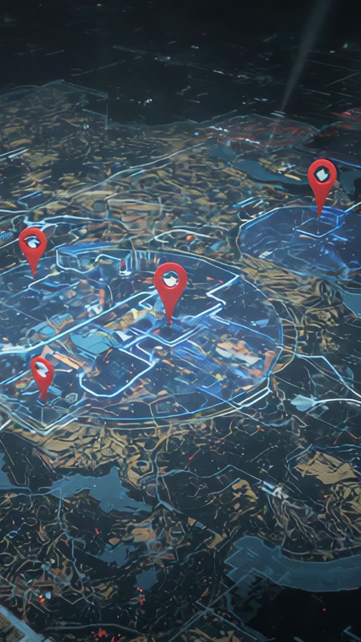 Vertical video: Rotating map zooming out onscreen revealing road network with red pins, blue zones