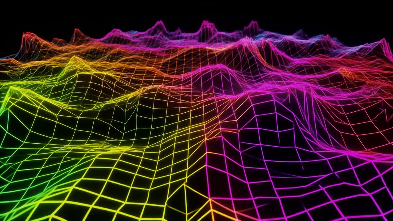 Animated Digital Wireframe Landscape with Vibrant Rainbow Colors