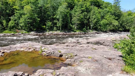 Agua-Que-Fluye-Al-Lado-De-Un-Sendero-A-Través-De-Un-Bosque-En-Ontario,-Canadá