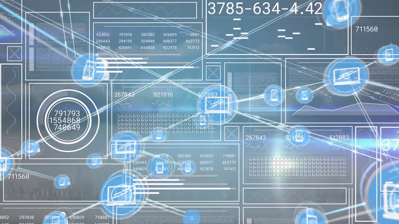 Digital animation of graphical interface with moving computer and phone icons connecting with lines