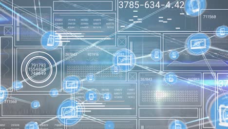 animación digital de la interfaz gráfica con iconas móviles de computadora y teléfono que se conectan con líneas