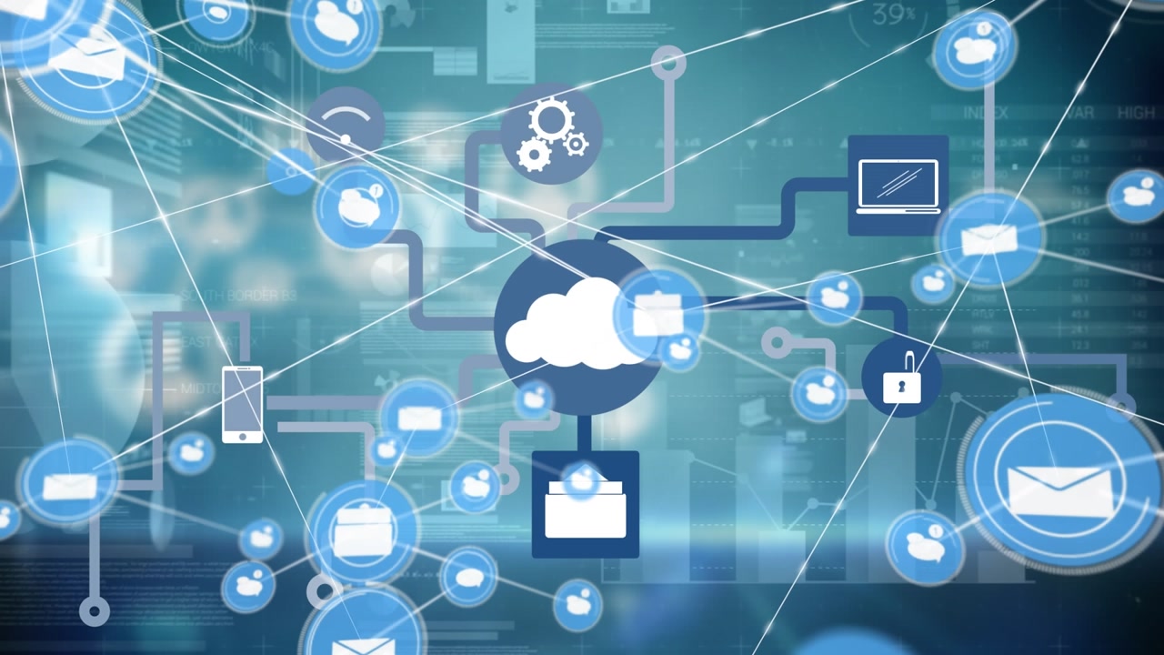Animation of network of digital icons over statistical data processing against blue background