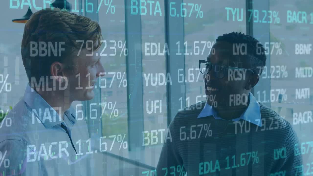 Stock market data processing against two diverse businessmen discussing at office