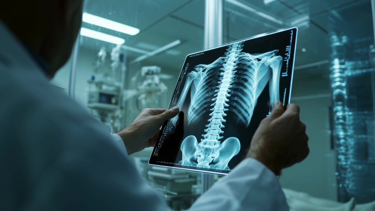 Doctor Examining Human Spine X-ray on Digital Tablet in Hospital