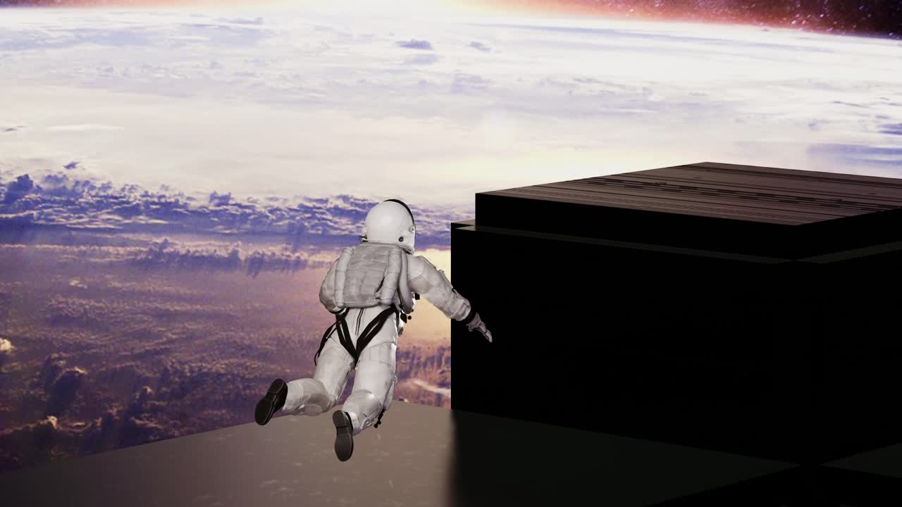 Full Body Back View Of Astronaut In Outer Space Elements. The Spaceship Landing On The Moon