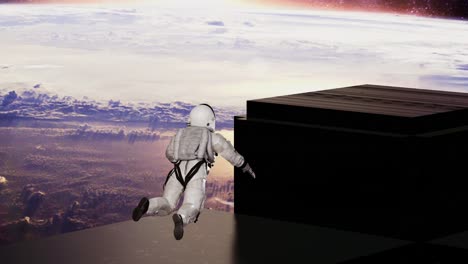 vista trasera del cuerpo completo del astronauta en elementos del espacio exterior. la nave espacial aterrizando en la luna