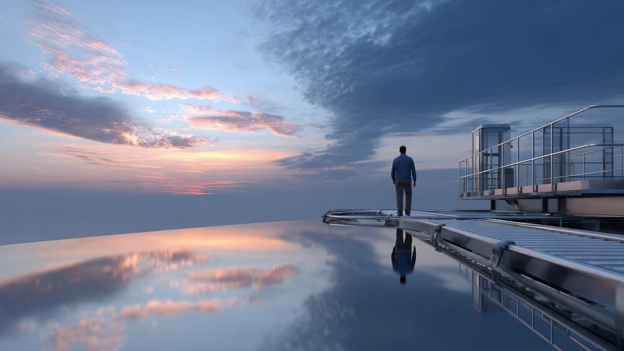 A solitary figure stands at the edge of a sunset-on-the-horizon, gazing over a serene infinity pool, reflecting the vibrant hues of a tranquil sky