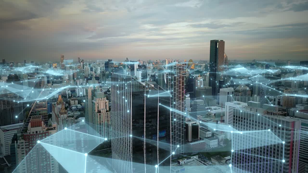 Smart City Network: Aerial View of Connected Skyscrapers at Sunset