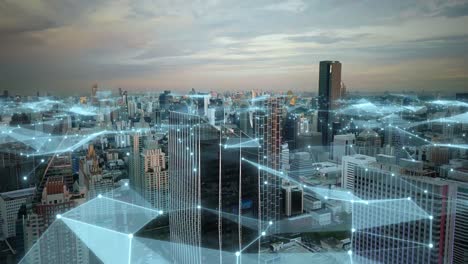smart city network: aerial view of connected skyscrapers at sunset