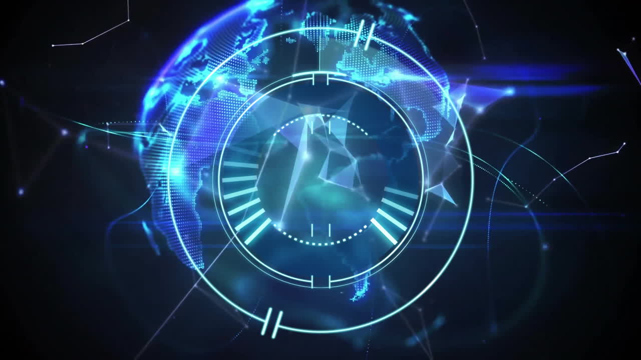 Digital clock animation over glowing blue globe with network connections