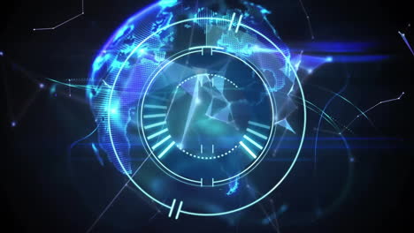 digital clock animation over glowing blue globe with network connections