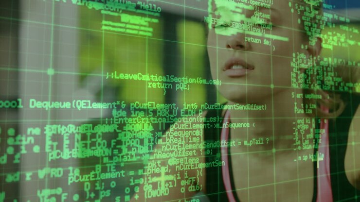Animation of data processing over woman exercising in gym