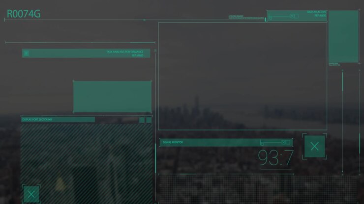 Animation of lines, changing numbers over abstract interface over modern cityscape
