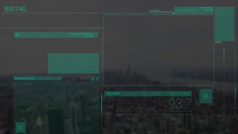 Animación-De-Líneas,-Números-Cambiantes-Sobre-Una-Interfaz-Abstracta-Sobre-Un-Paisaje-Urbano-Moderno
