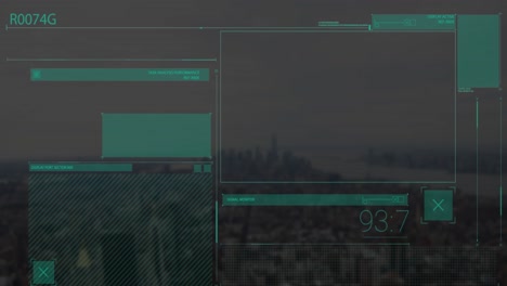 animación de líneas, cambios de números sobre interfaz abstracta sobre el paisaje urbano moderno