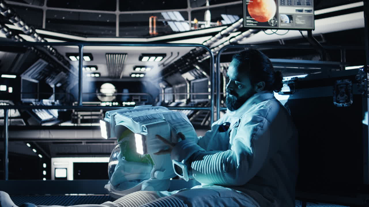 Man feeling emotional toll in deep space inside silent orbital station