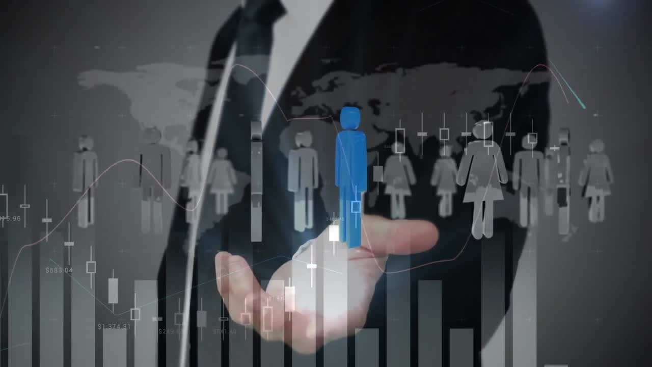 사람 아이콘과 데이터 처리를 가진 사업가의 애니메이션