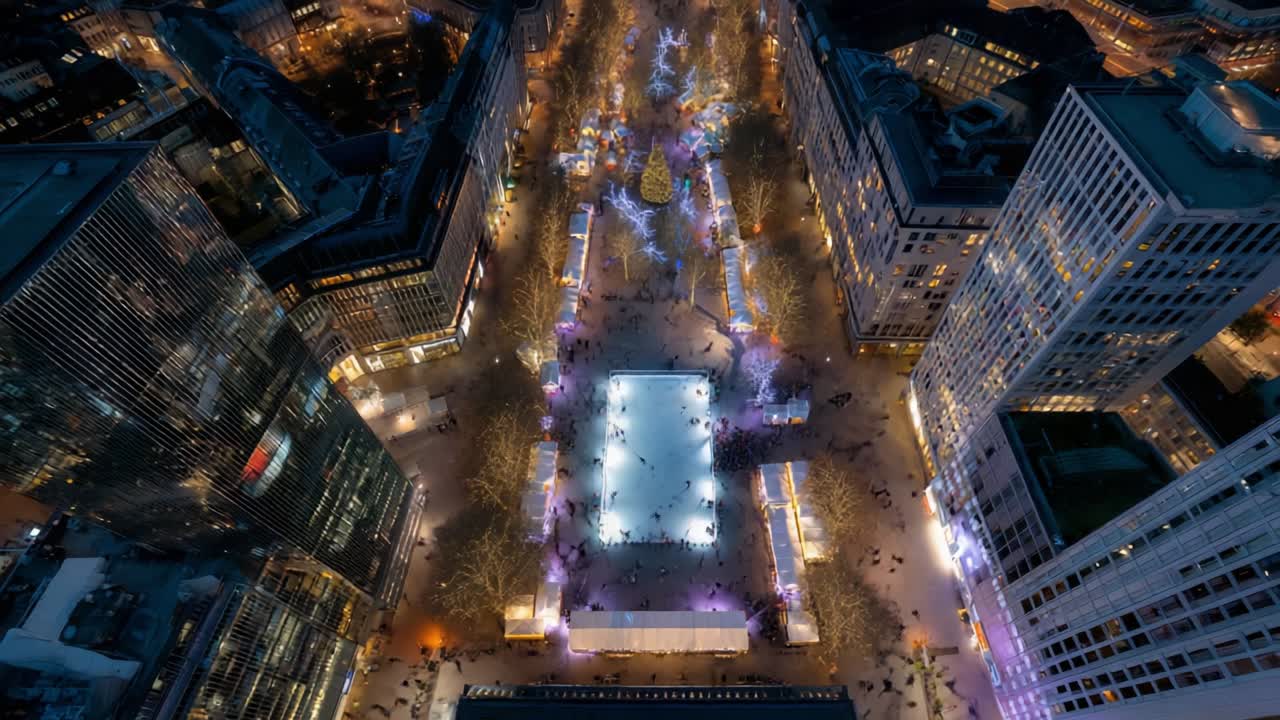 A spectacular aerial view of a vibrant urban area at night showcasing an impressive outdoor ice skating rink surrounded by beautifully illuminated trees and lively crowds enjoying the winter festivities and festive atmosphere