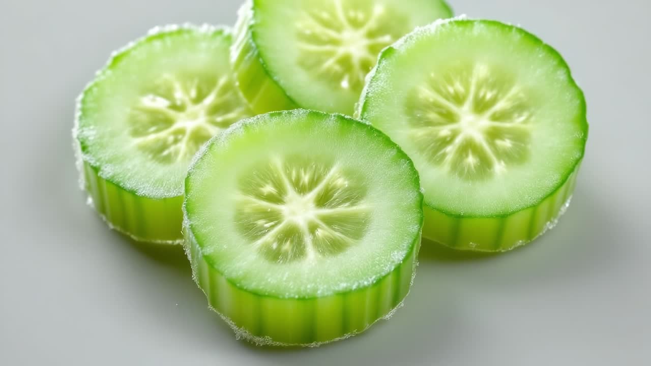 Fresh green cucumber slices are neatly arranged on a light background, highlighting their vibrant colors and textures, creating an appealing visual for culinary or health-related themes