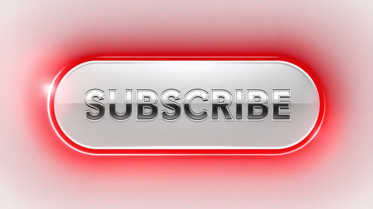Pulsing SUBSCRIBE button with chrome text emitting red halo and glinting on pink gradient, looping