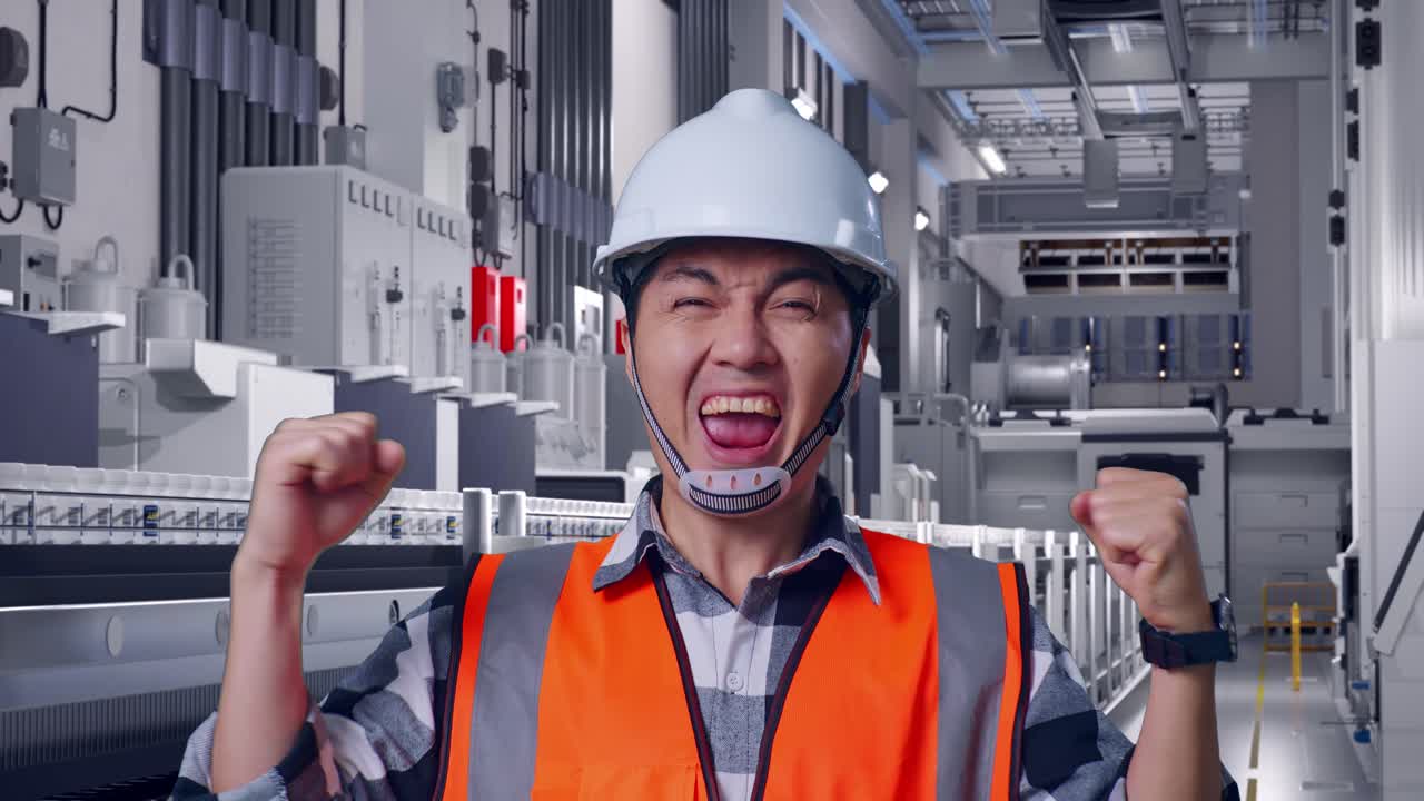 Close Up Of Asian Male Engineer With Safety Helmet Screaming Goal Celebrating Working At Pharmaceutical Factory, Vaccine Production Facility