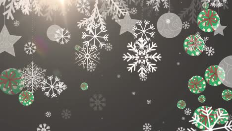 Snowflakes-and-christmas-gift-icons-falling-against-christmas-hanging-decorations-on-grey-background