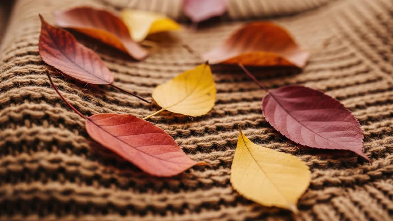 A Beautiful Arrangement of Vibrant Autumn Leaves on a Cozy Knitted Fabric, Capturing the Spirit of Fall with Rich Hues and Nature's Textures in a Tranquil Setting